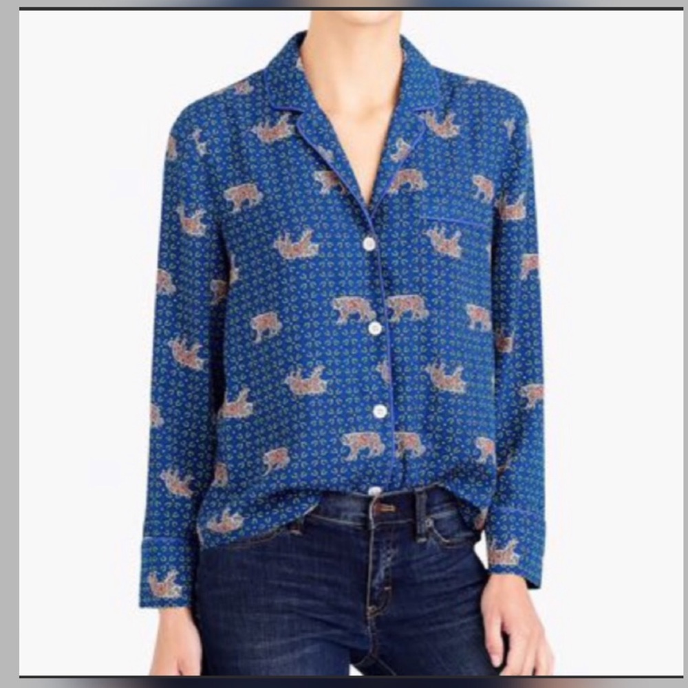 J. Crew Blue Printed Button-Up Blouse with Tan Accent